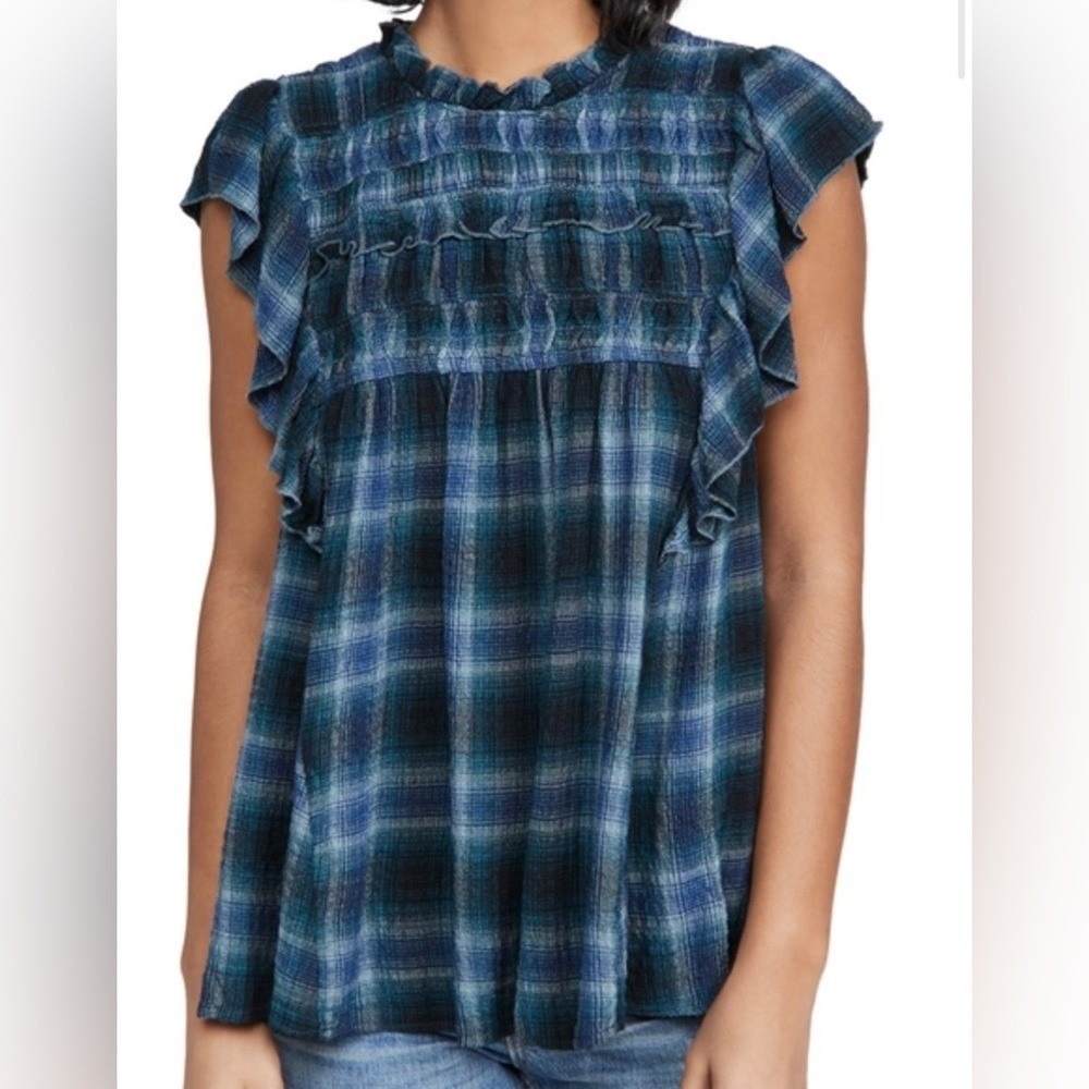 ⭐ Free People Blue Plaid Ruffle Trimmed Short Sleeve Smocked Neckline Blouse XS - Picture 2 of 13